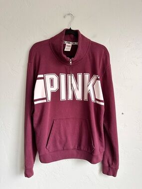 PINK Victoria's Secret Burgundy White‎ 1/4 Zip Pullover Sweatshirt Top Large
